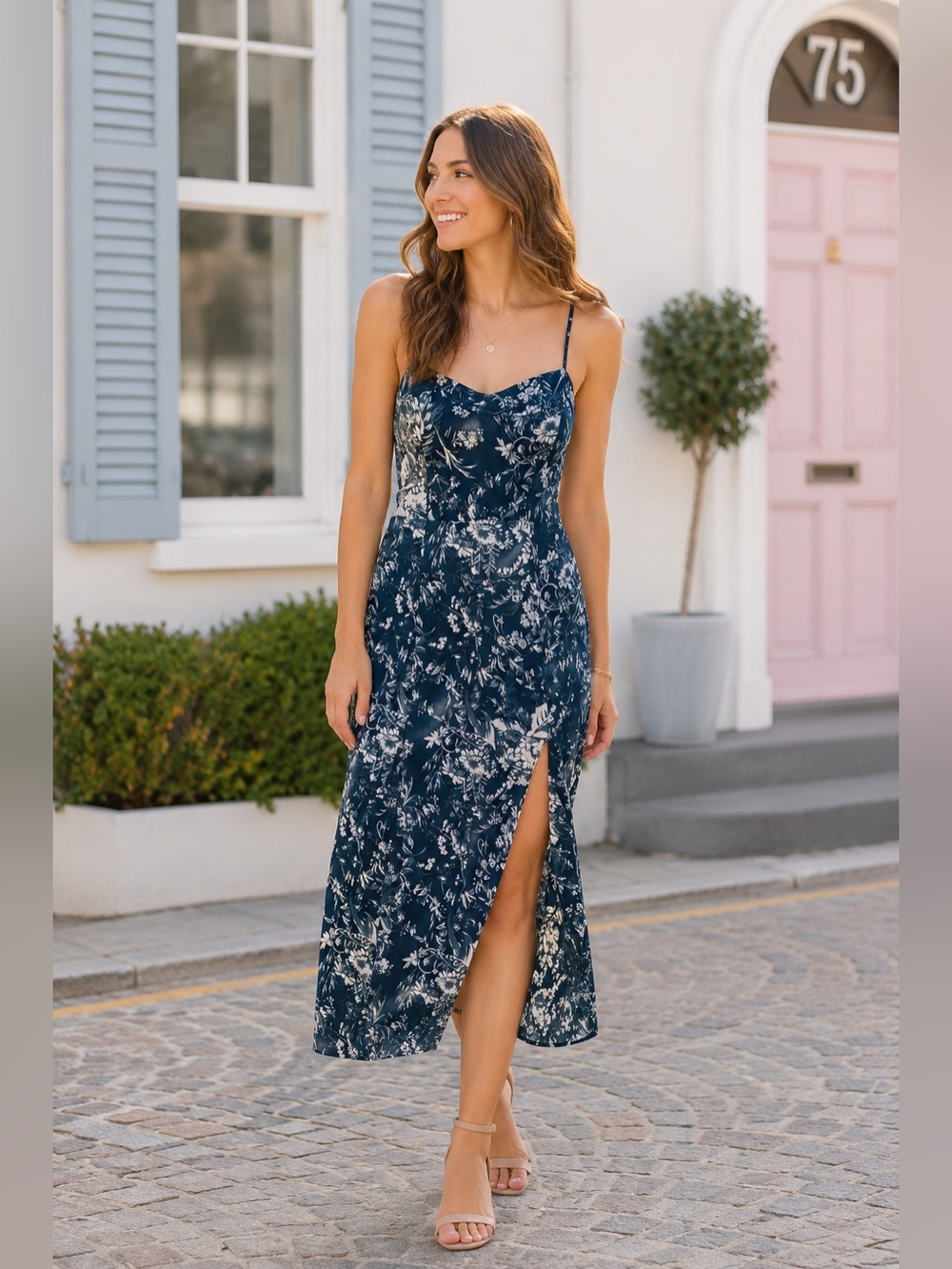 Abercrombie & Fitch Floral Sweetheart Sleeveless Slit Midi Dress Blue XL Tall